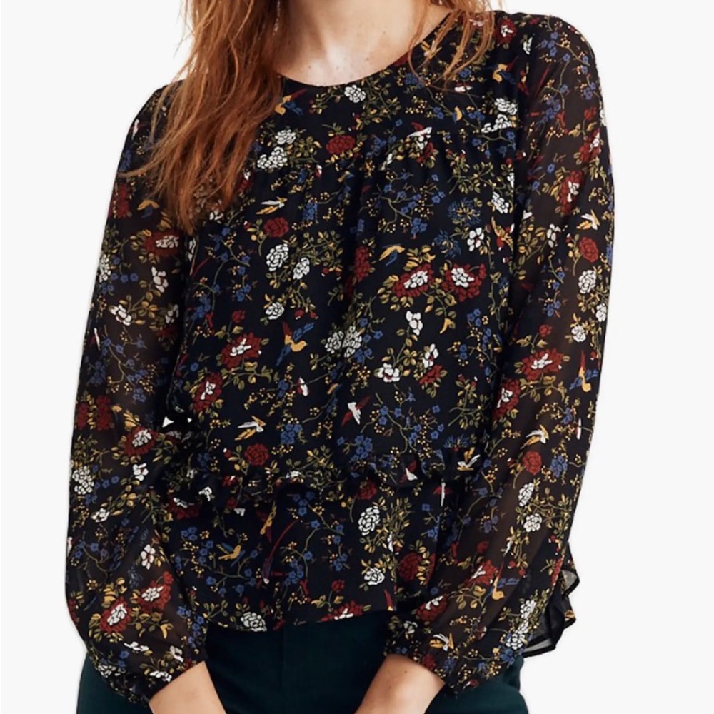 Madewell Finch Floral Sheer Sleeve Ruffle Peplum Top